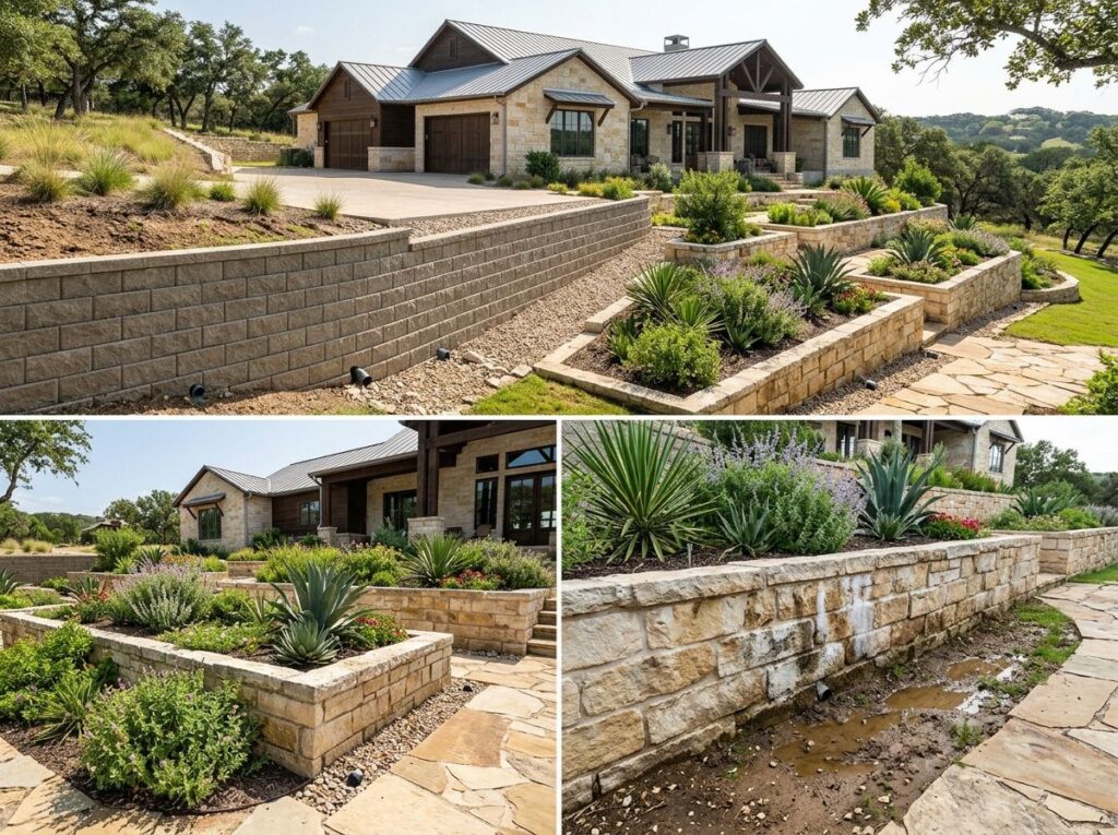 Concrete block retaining wall supporting a sloped yard with gravel, stone edging, and drought-tolerant shrubs by a Hill Country home.