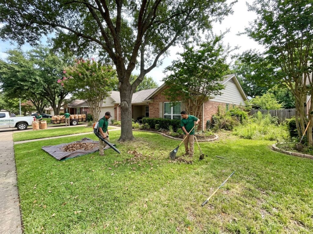 Suburban home front yard with cleared leaves, fresh mulched beds, trimmed shrubs, and tidy lawn edging.