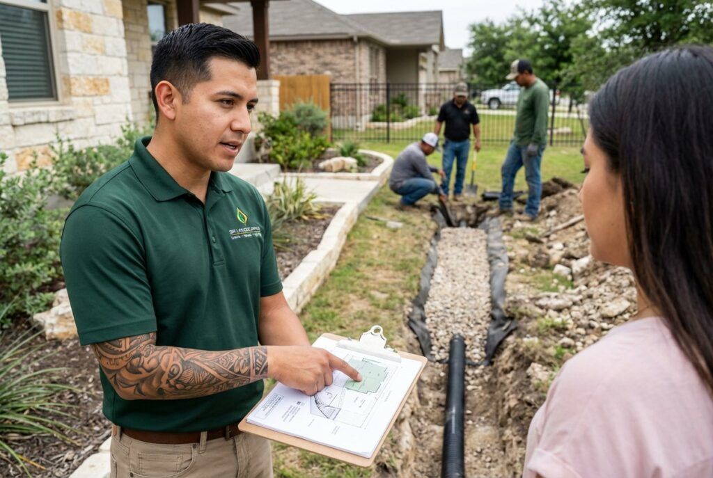 On‑site drainage system review at an Alamo Ranch residential property.
