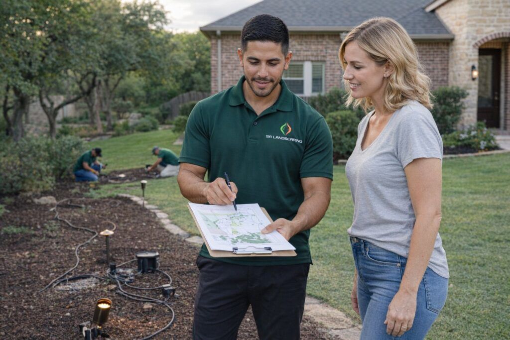 Homeowner reviewing lighting layout with a professional landscaper
