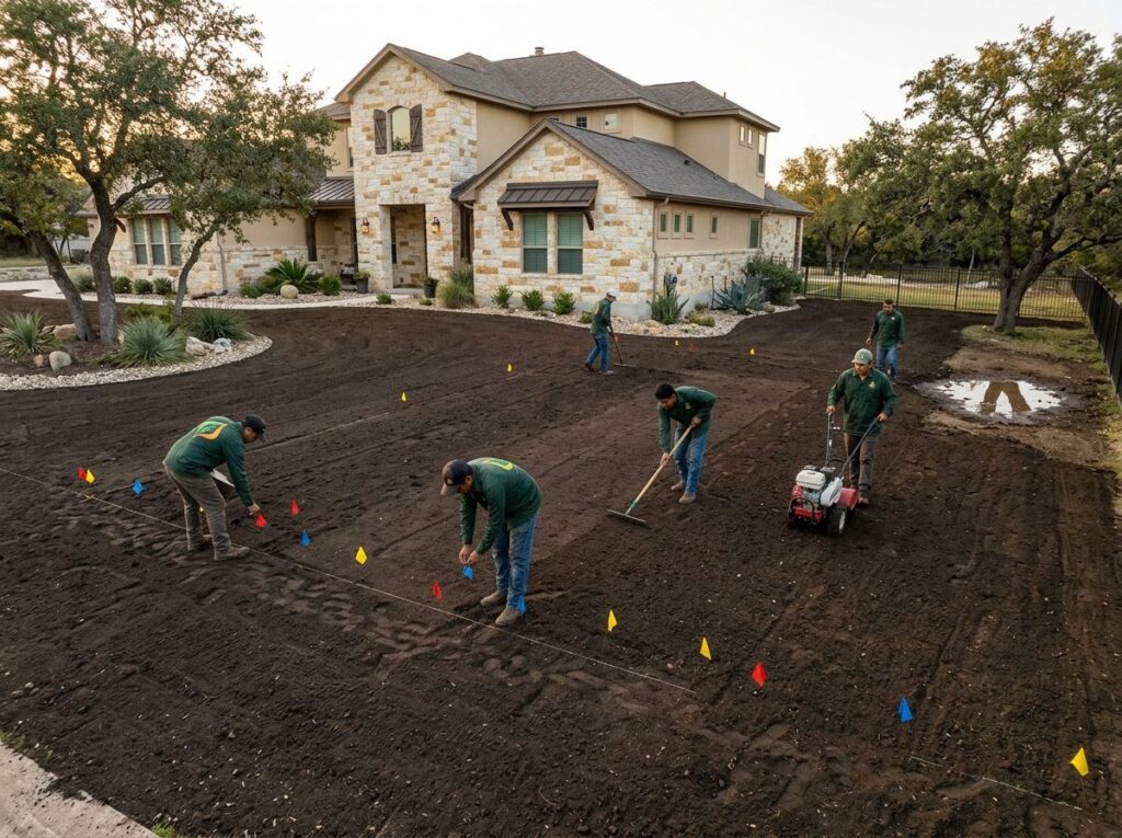 Stripped yard with old grass removed, freshly graded soil prepared for sod, and irrigation flags near a luxury home.