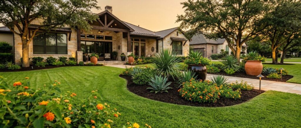 Residential yard seasonal cleanup with tidy lawn and neat garden beds, drought-tolerant landscaping care