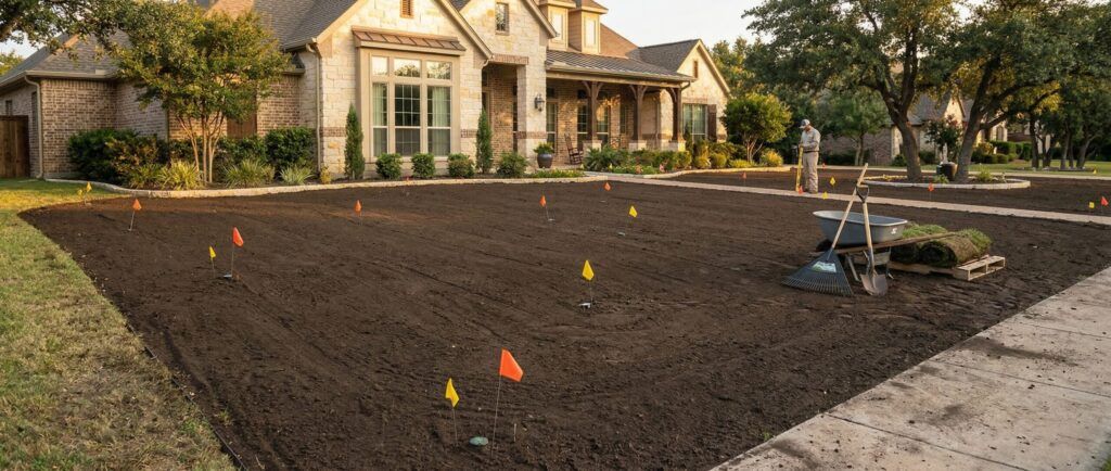 Residential yard sod installation prep with soil grading and irrigation flags for new lawn landscaping