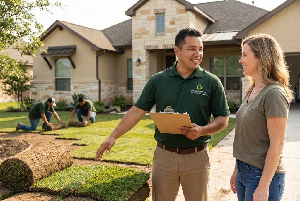 Landscaper discussing a retaining wall project with a Helotes homeowner.