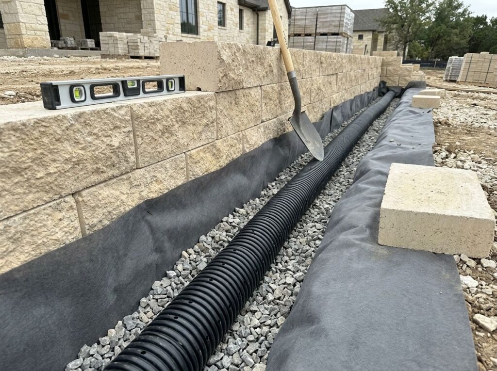 Close-up of retaining wall base with gravel backfill and perforated drain pipe along the footing during construction.