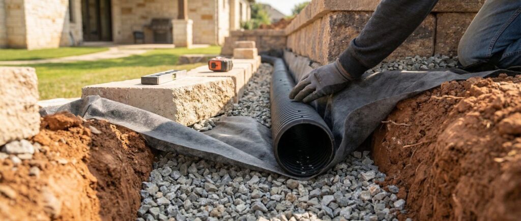 Retaining wall drainage installation with gravel backfill, perforated drain pipe and filter fabric for landscaping