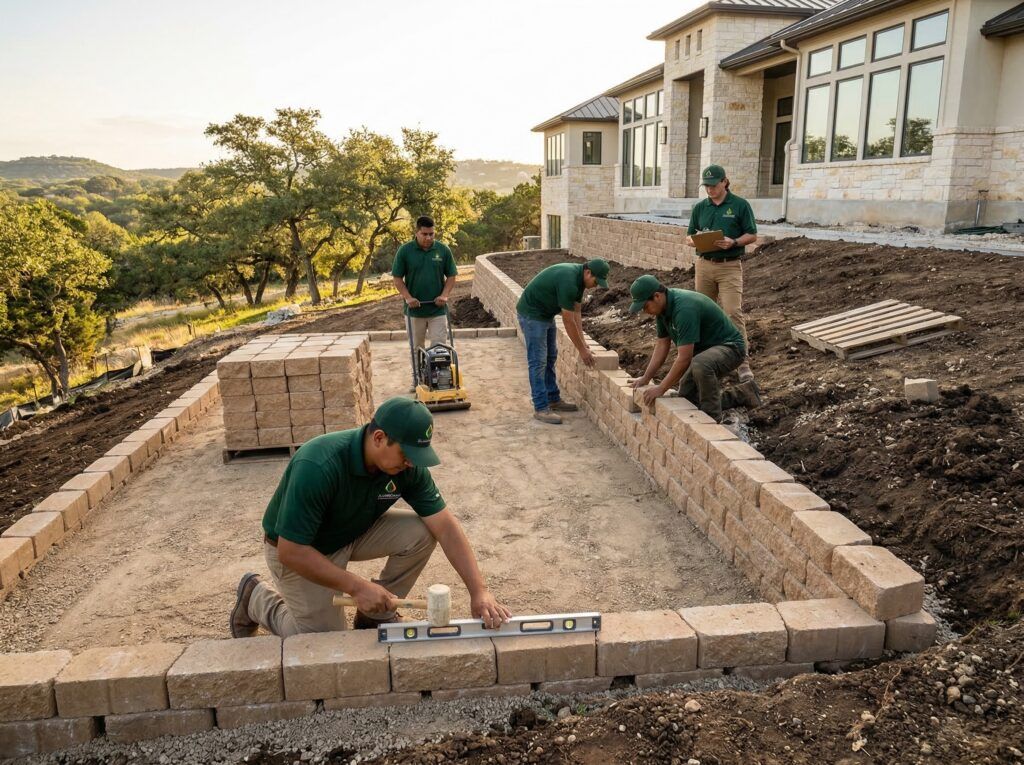 Garden block landscape retaining wall being stacked with controlled alignment for planter and garden beds landscaping