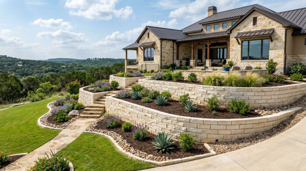 Retaining wall installation enhancing a San Antonio residential landscap