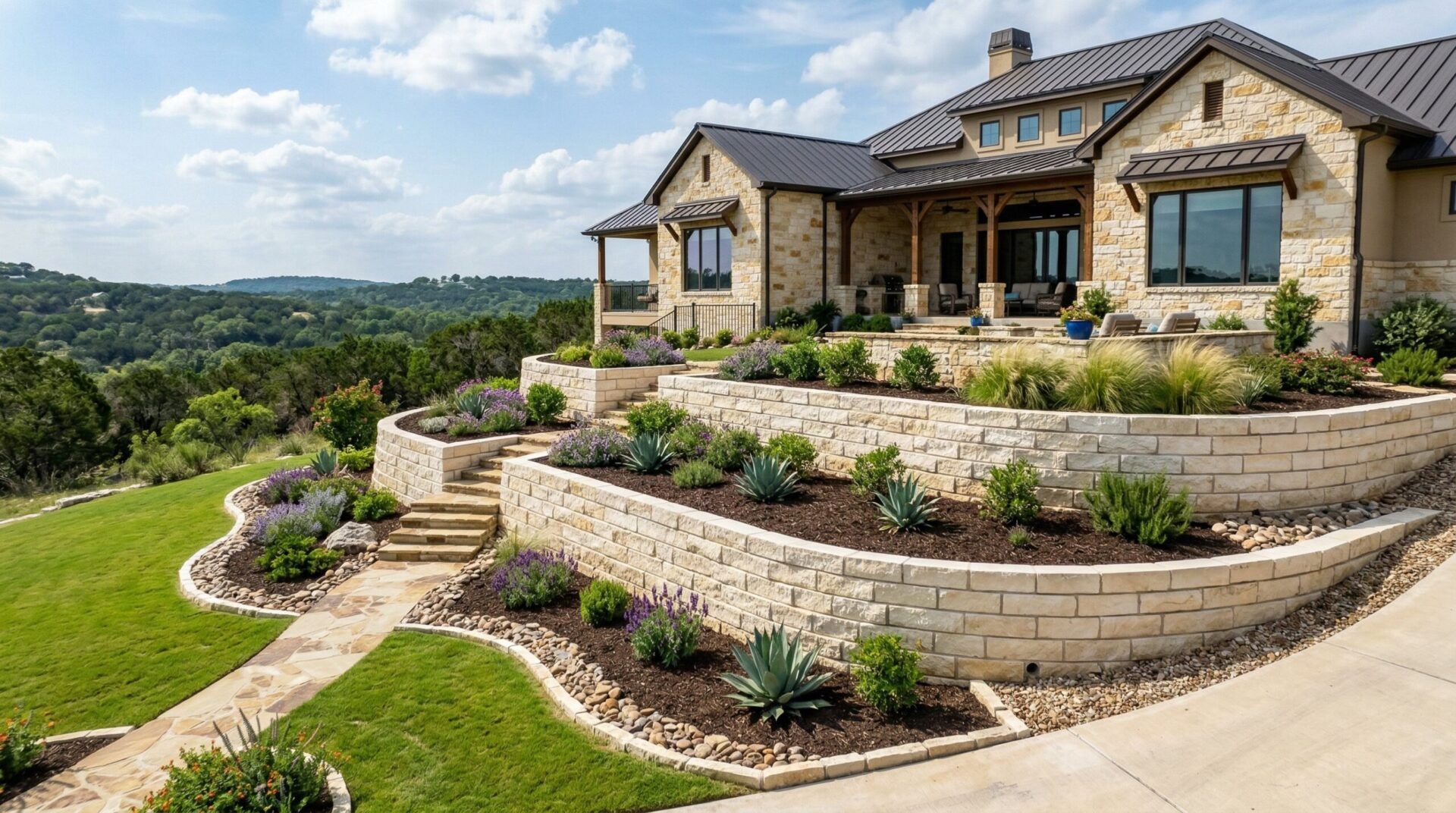 Retaining wall installation enhancing a San Antonio residential landscap