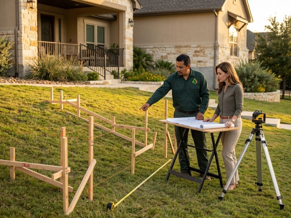 Homeowner and landscaper review measurements for a stone retaining wall in an upscale suburban Texas front yard.