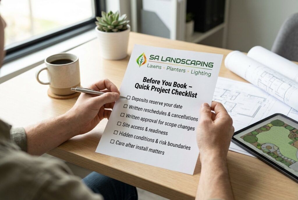 Office administrator’s first‑person view of a desk with a “Before You Book – Quick Project Checklist” showing short checked items