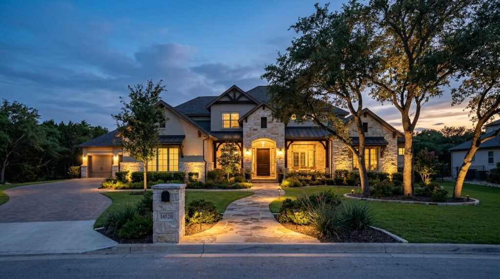 LED landscape lighting highlighting a Helotes residential property.