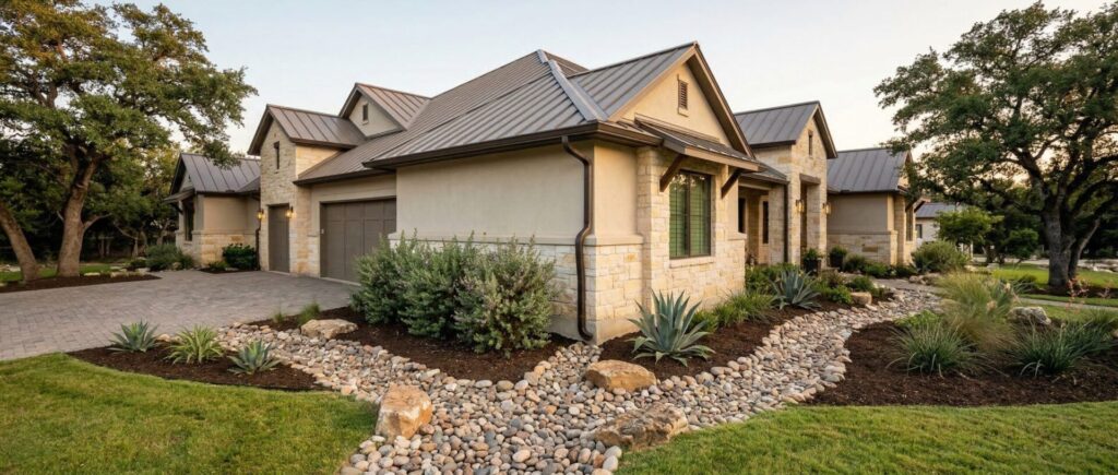 Downspout drainage protecting dry foundation, drought-tolerant landscape design for luxury home in Helotes