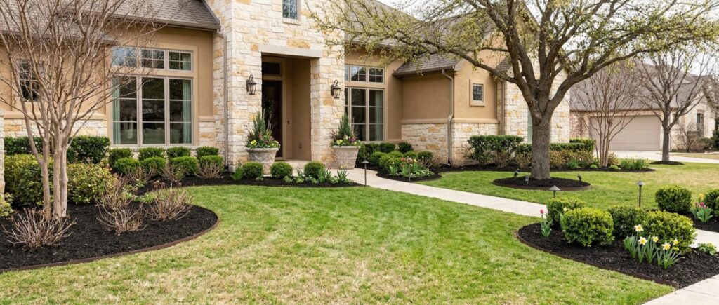Luxury home spring yard cleanup showing tidy landscape beds, trimmed shrubs, fresh mulch, and crisp edging