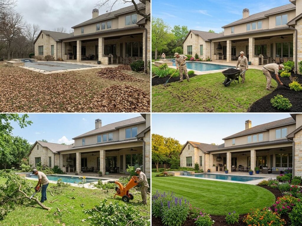 Four-panel collage of a Texas home showing lawn, trees, and seasonal yard cleanup from spring through winter.