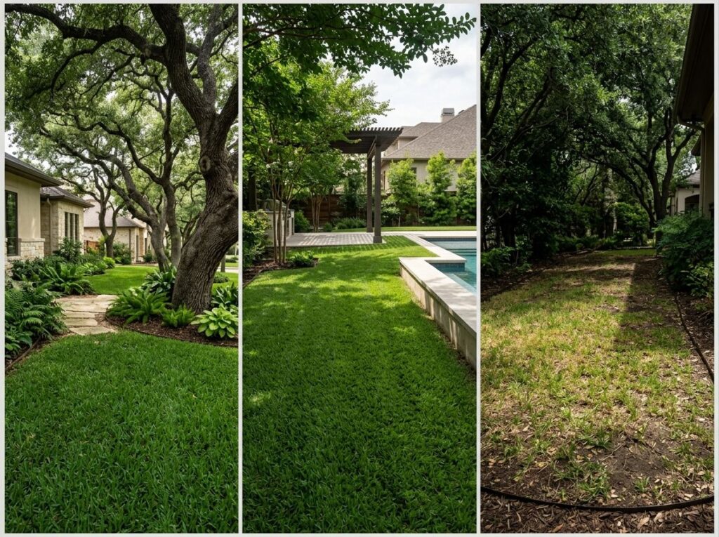 Three-panel collage of shaded backyards with St. Augustine grass, mature trees, patios, and landscape beds.