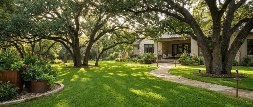 Luxury backyard landscaping with shaded oak tree and lawn, landscape design guide for San Antonio and Helotes