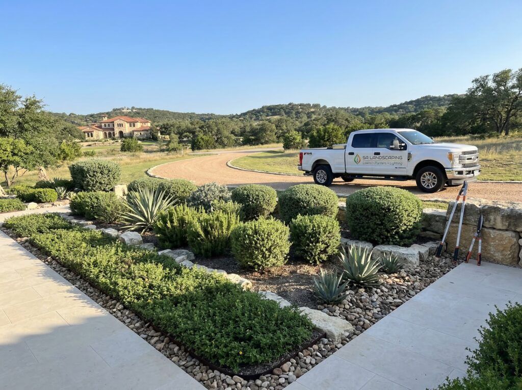 Shrub and plant trimming service for evenly shaped, balanced landscape beds with proper spacing