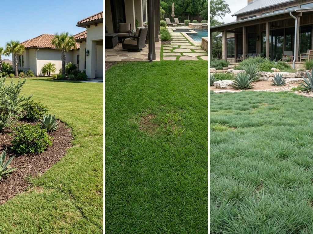 Three-panel collage of upscale South Texas backyard lawns, each showing a different sod type beside patios and beds.