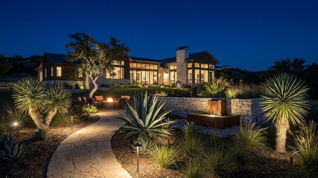 Landscape lighting highlights specimen plants and landscape features along planter beds with low-voltage fixtures