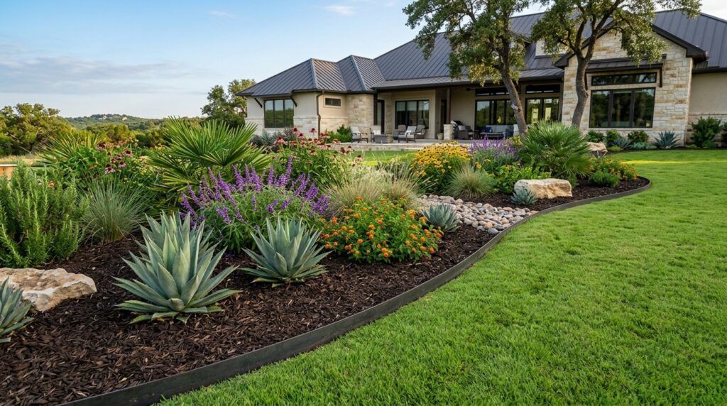 Steel-edged landscape bed at high-end Helotes home with drought-tolerant plants and mulch