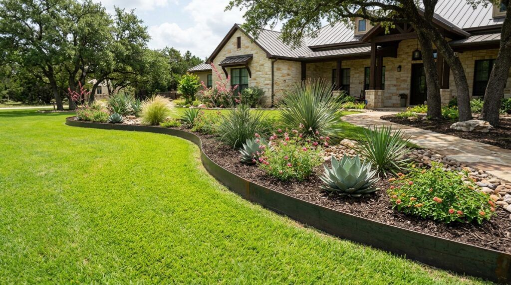 Steel-edged landscape bed at high-end Helotes home with drought-tolerant xeriscape plants