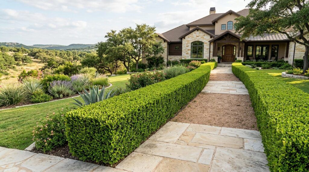Straight-line hedge trimming, pruning, and tree removal on luxury property with neat landscape beds