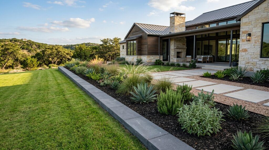 Straight line paver edging defining modern landscape beds and planter beds for clean, drought-tolerant landscaping