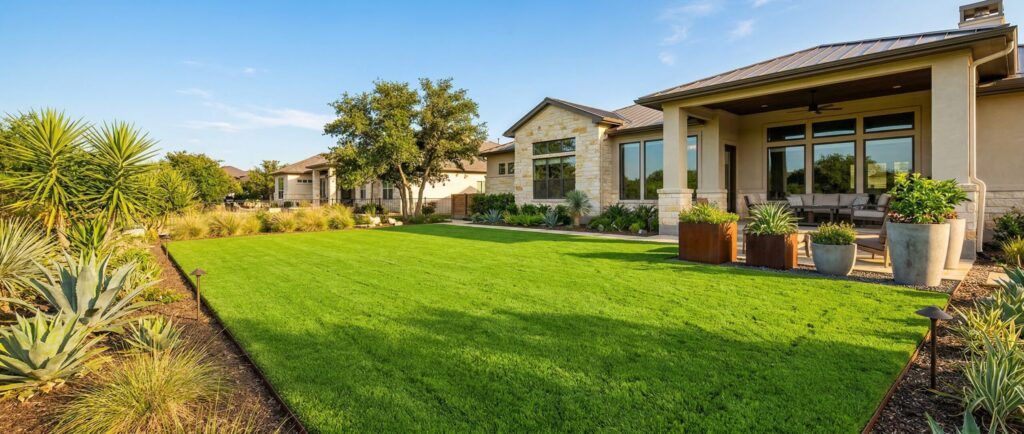 Sunny Texas backyard with lush sod lawn at upscale home, landscape design and professional landscaping guide