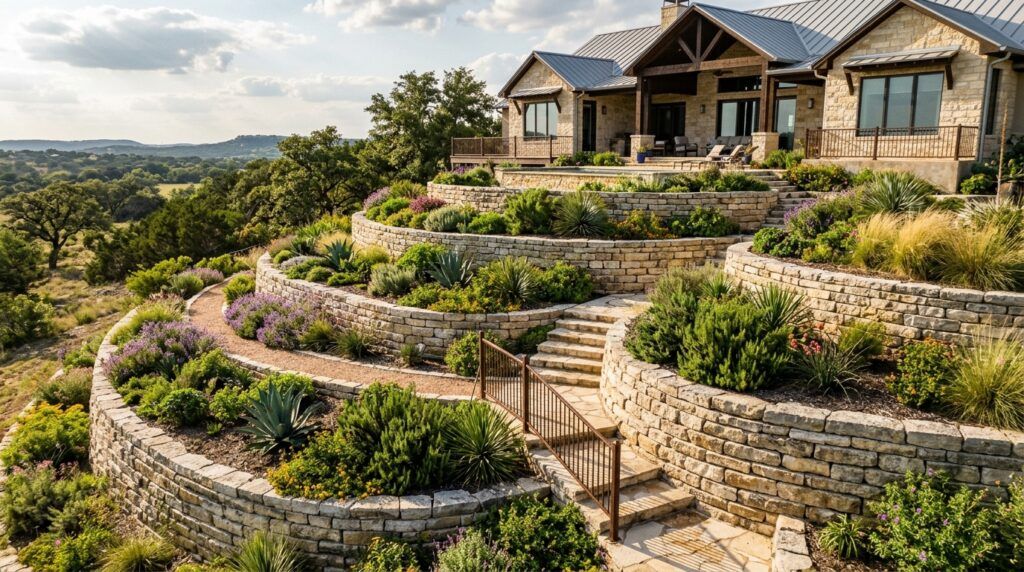 Terraced landscape retaining wall system with masonry blocks managing steep slope, creating garden and planter beds