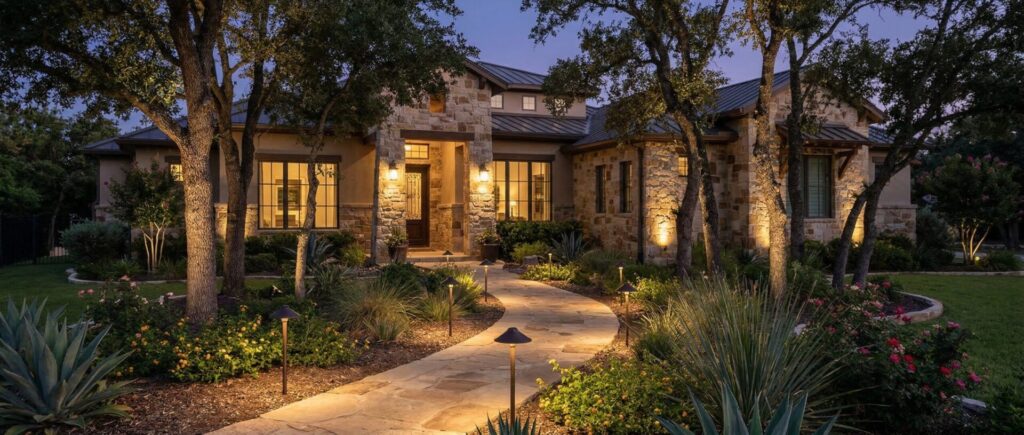 Texas home low-voltage landscape lighting guide with illuminated pathways and garden beds at night