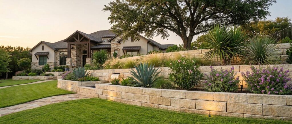 Retaining wall and mature landscaping stabilizing a sloped Texas yard, drought-tolerant landscape design
