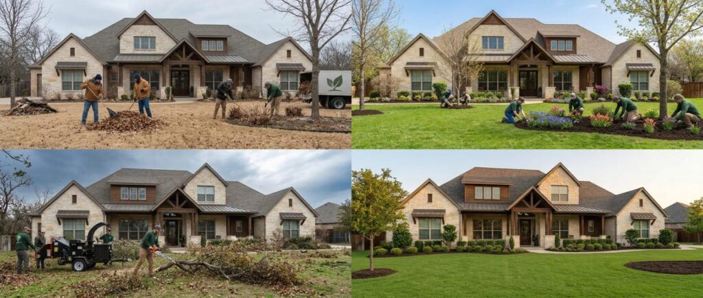 Texas spring yard cleanup guide: storm debris removal and refreshed landscape design collage before-after