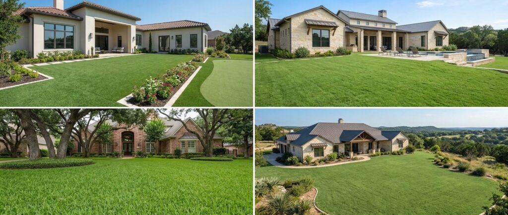 Texas lawn grass types collage: Bermuda, Zoysia, St. Augustine and buffalo turf for landscape design