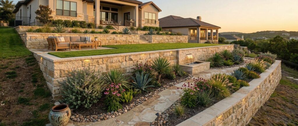 Luxury Texas residential landscaping with retaining wall, flat lawn, and drought-tolerant planting space