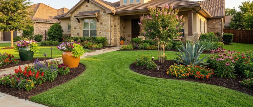 Texas residential yard summer landscaping with healthy lawn, neat edging, and vibrant drought-tolerant plants