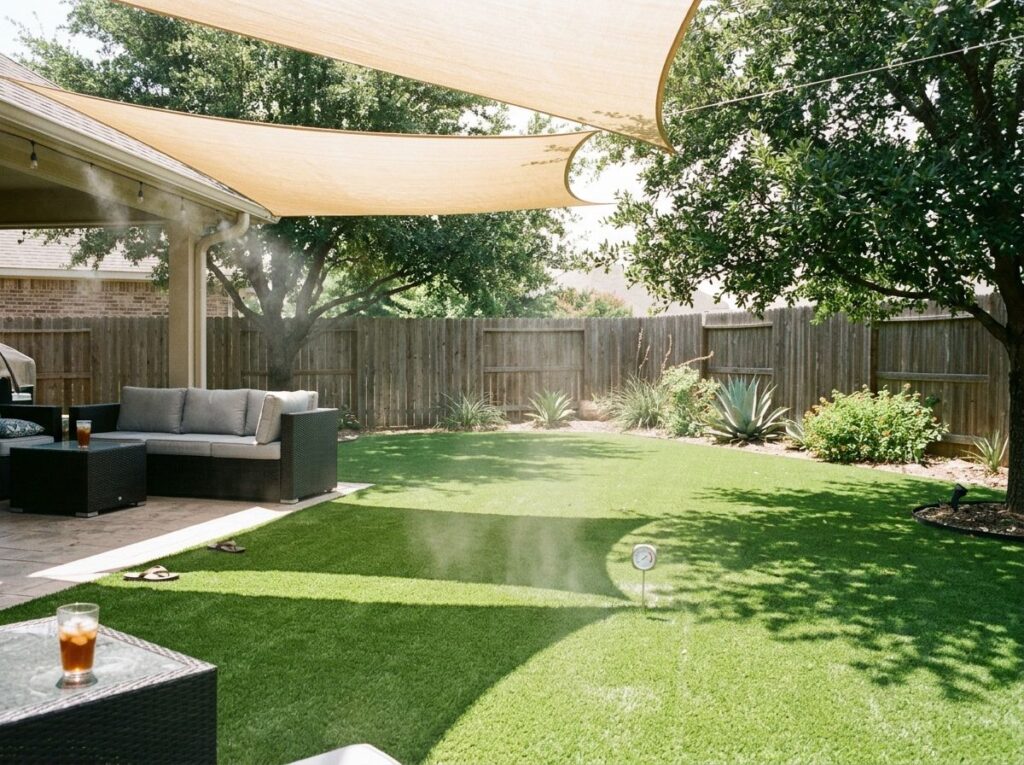 Sunlit Texas patio with pavers beside lush artificial turf, bordered by shrubs and stone edging.