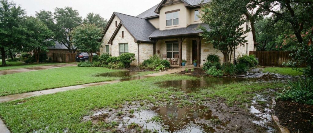 Guide to fix Texas yard drainage: standing water, soggy lawn, muddy low spots near home