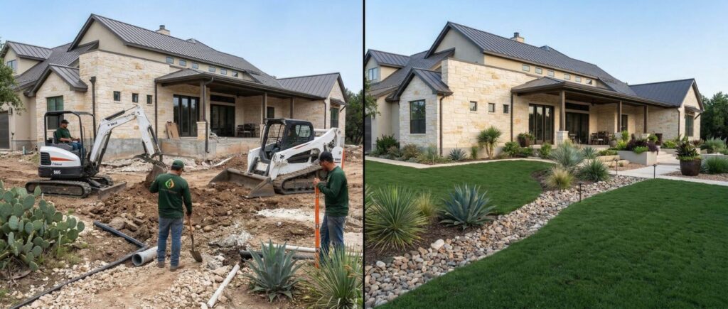 Finished yard grading and drainage landscaping at upscale home, crew shaping slope for proper runoff