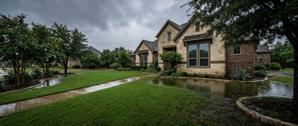 Standing water in Texas yard after heavy rain near home foundation, drainage landscaping solutions guide