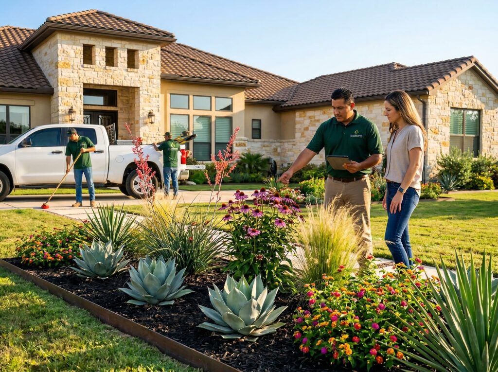 Finished landscape bed with fresh drought-tolerant plants, clean edging, and low-water xeriscape design