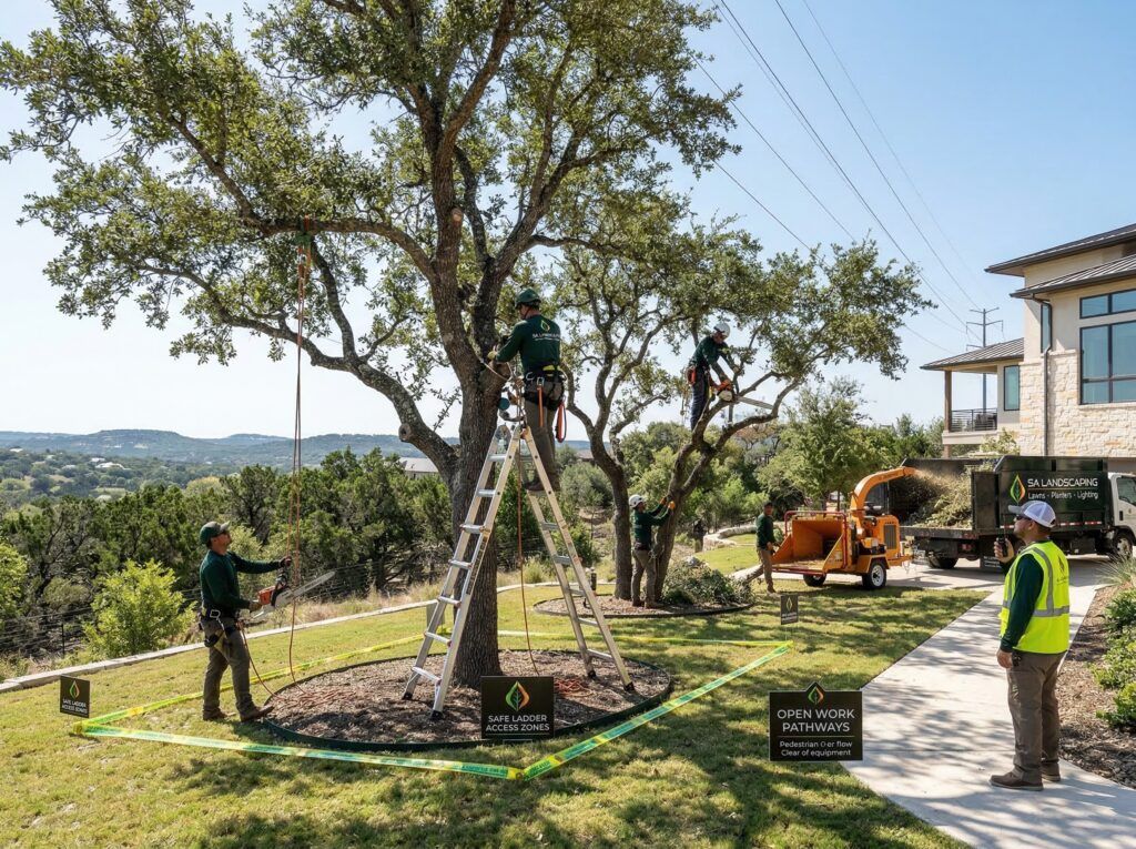 Landscape tree maintenance with clear ladder zones, pruning and trimming to frame entryways and views