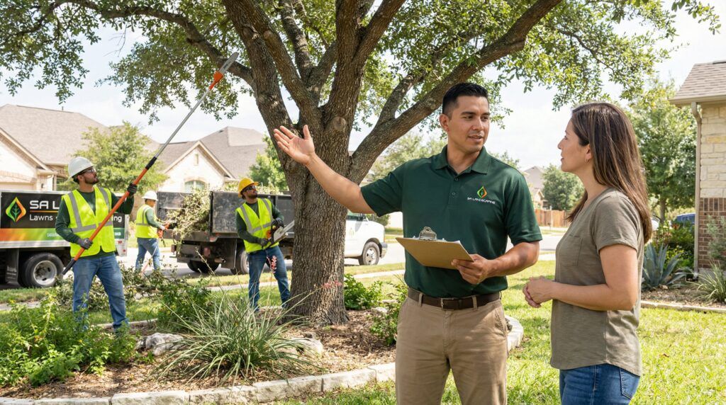 Tree trimming consultation with a professional landscaper in San Antonio, Texas
