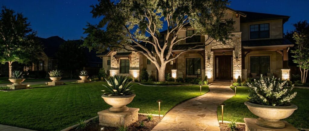 Upscale front yard night landscape lighting with path lights and uplighting for luxury home in Helotes