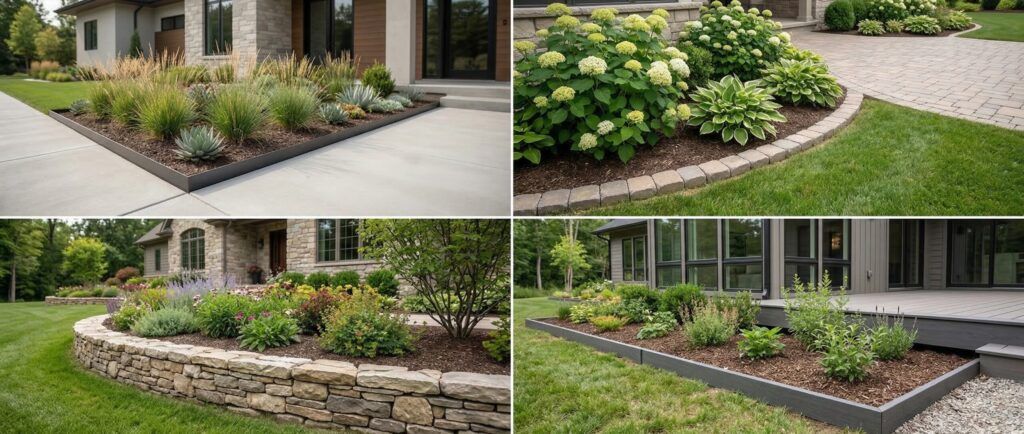 Collage of upscale landscape bed edging styles: steel, paver, stone, and composite borders for landscape design