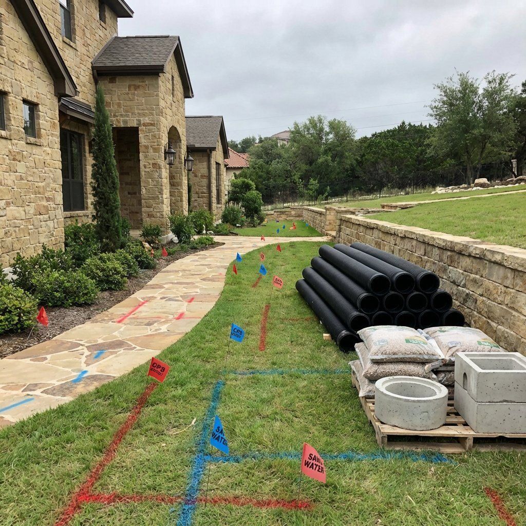 Utility lines marked and landscape areas protected before residential drainage installation