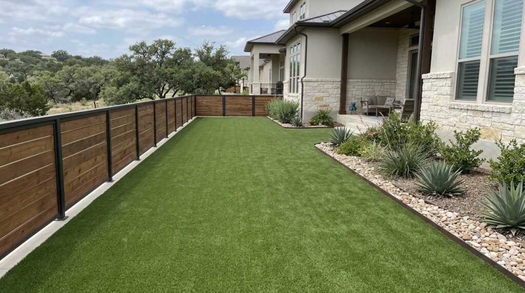 Value artificial turf installed in a small luxury side yard with clean edges and natural green appearance for low‑use areas