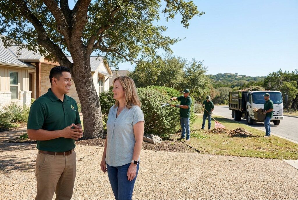 Landscaper discussing a yard cleanup project with a San Antonio homeowner.
