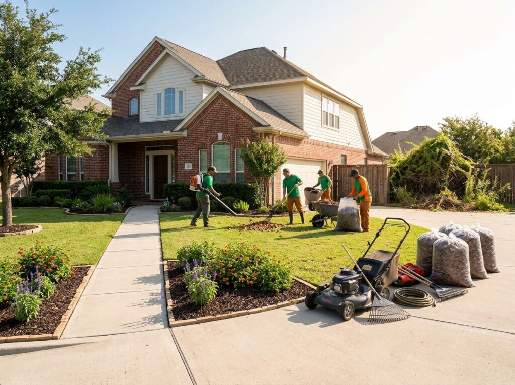 Neat front yard with cleared mulch beds, trimmed shrubs, clean walkway, and leaf-free lawn at a Texas home.