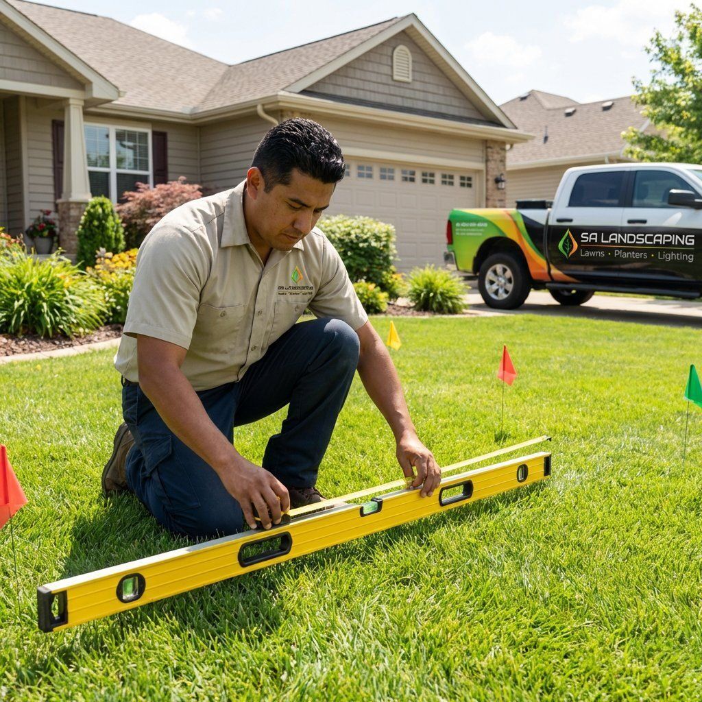 Landscaper identifying low points and yard slope using grading tools on a residential property